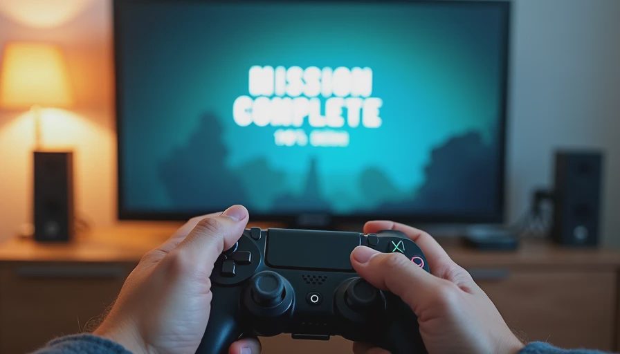 First-person view of hands holding a game controller in front of a TV screen showing a mission complete message.
