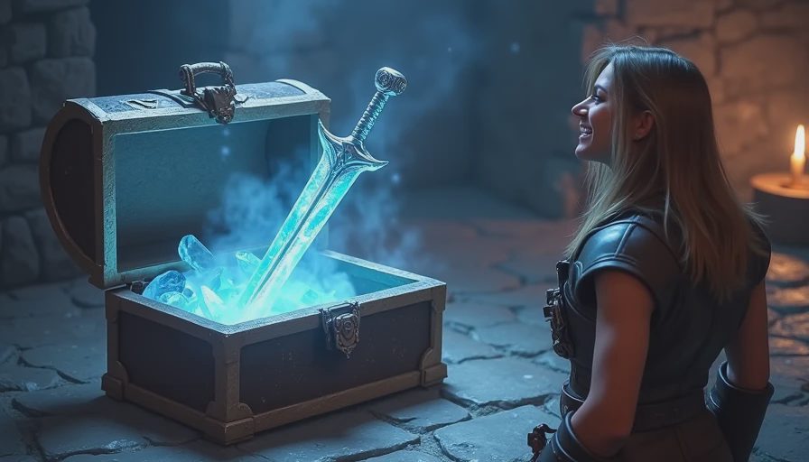 An adventurer discovers a glowing rare sword in a chest, with a clean, concise tooltip showing "+15% Damage" and a freeze effect.