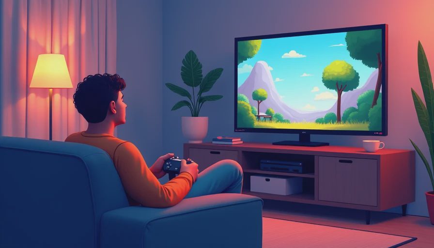 An illustration of a relaxed adult gamer enjoying a single-player game, symbolizing real leisure and personal time value.