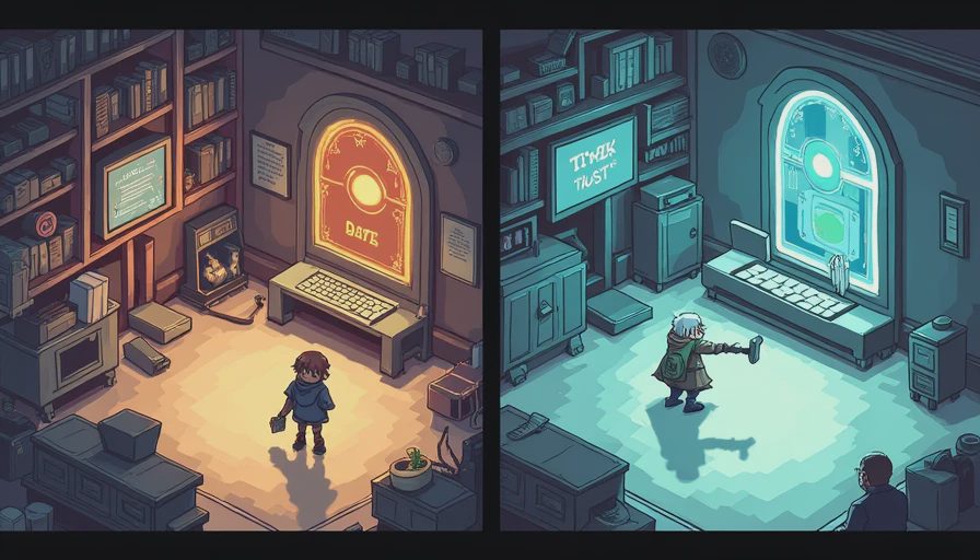 A split-screen comparison showing a cluttered, confusing tutorial UI on the left versus a clean, engaging gameplay scene on the right.
