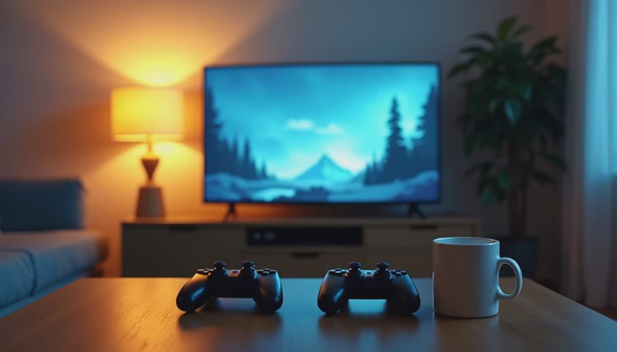 A quiet living room at night with a glowing television showing a game, two controllers, and a mug on a coffee table.