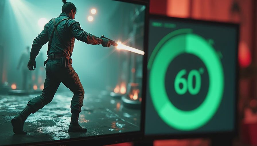 A computer monitor displaying a game screen with a stable 60 FPS performance overlay indicator.
