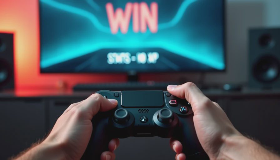 First-person view of hands holding a game controller in front of a TV screen showing a clear victory and XP gain.