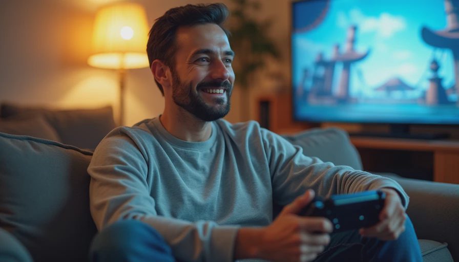 A thoughtful father relaxing on a couch, holding a game controller while looking at a game screen in a warm room.