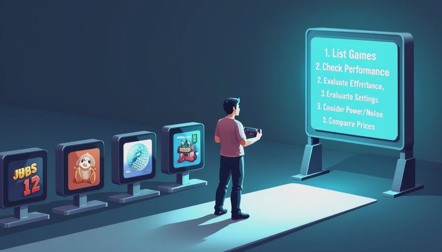 An illustrated flowchart showing a gamer with a controller facing a decision board with five clear steps for evaluating hardware, leading to a fork in the road.
