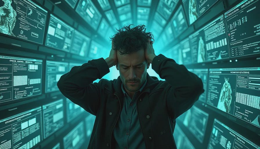 The adventurer from image 1 is overwhelmed, hunched over in a vortex of floating semi-transparent screens filled with complex math formulas, DPS charts, and statistics.