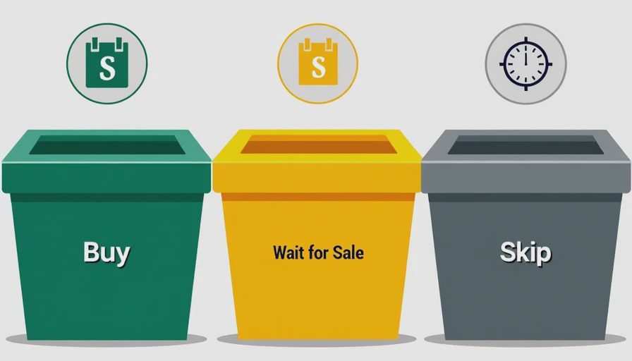 A clean infographic illustration showing three distinct recommendation buckets: Buy, Wait for Sale, and Skip, for game evaluation.