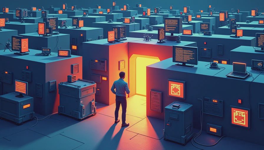 An illustration of a gamer navigating through a maze of complex UI menus, inventory overhead, and loading screens to reach the fun.