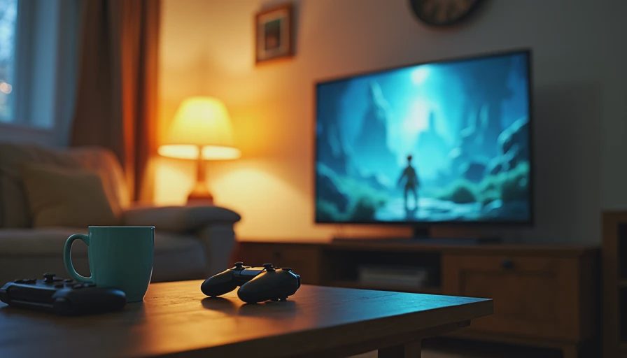 A quiet living room at night with a glowing television showing a game, two controllers, and a mug on a coffee table.