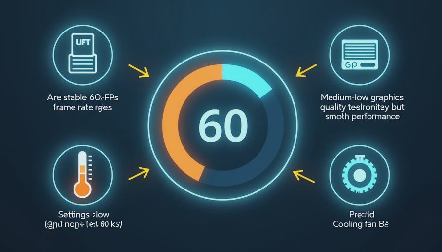An infographic illustration featuring a glowing "pass" circle surrounded by icons for stable 60 FPS, smooth low-medium settings, cool temperatures, and quiet fan operation.