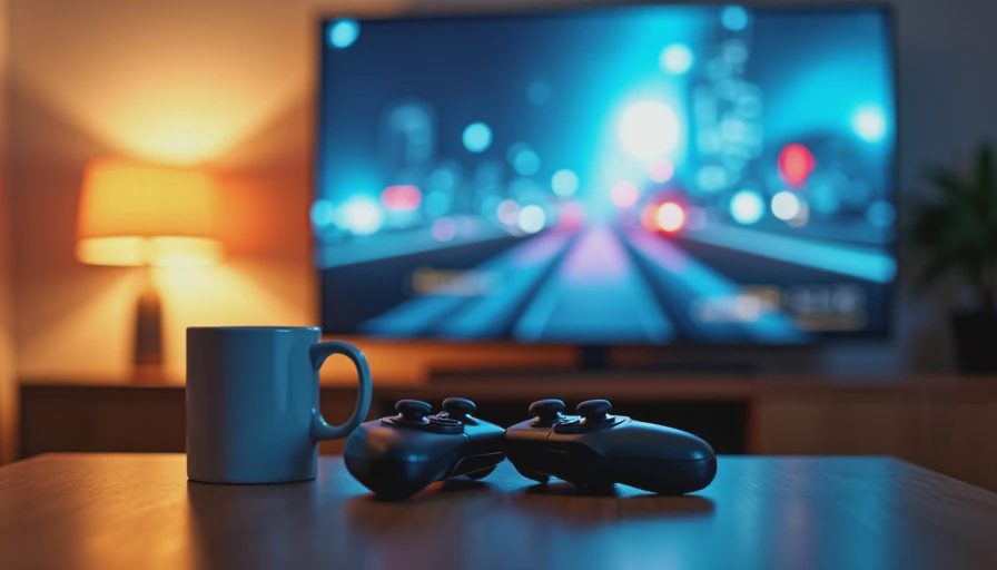 A quiet living room at night with a glowing television showing a game, two controllers, and a mug on a coffee table.