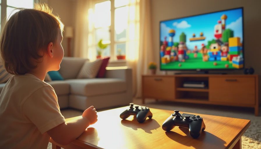 A cozy living room on a weekend afternoon with a TV displaying a bright LEGO video game and two controllers.