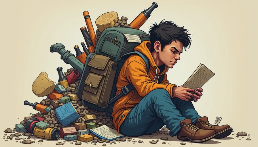 A satirical illustration of a game character overwhelmed by a massive, overflowing inventory bag full of duplicate materials and comparison tooltips.