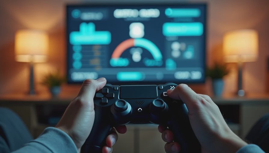 First-person view of hands holding a game controller in front of a TV screen showing hour 8 progress.