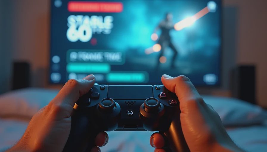 First-person view of hands holding a game controller in front of a TV screen showing a stable 60 FPS performance overlay.