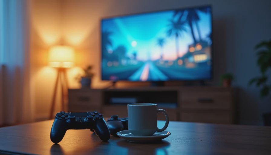 A quiet living room at night with a glowing television showing a game, two controllers, and a mug on a coffee table.