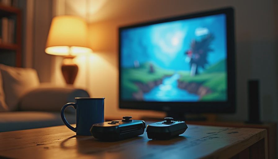 A quiet living room at night with a glowing television showing a game, two controllers, and a mug on a coffee table.
