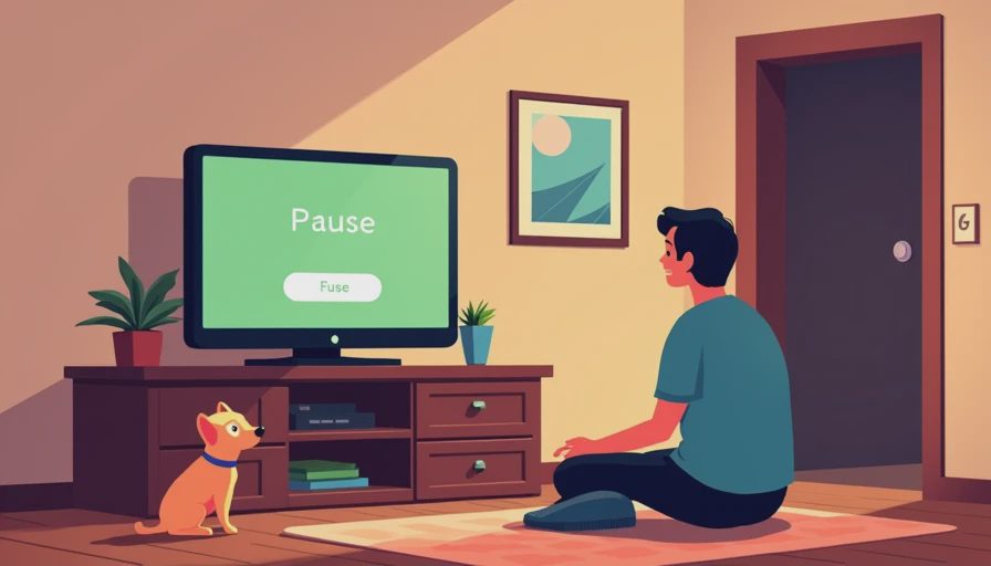 An illustration of a gamer pausing a single-player game smoothly to accommodate everyday household interruptions and a waiting dog.