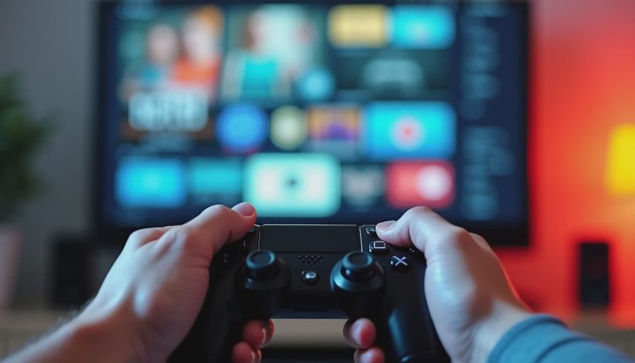 First-person view of hands holding a game controller in front of a TV screen showing responsive game menus.